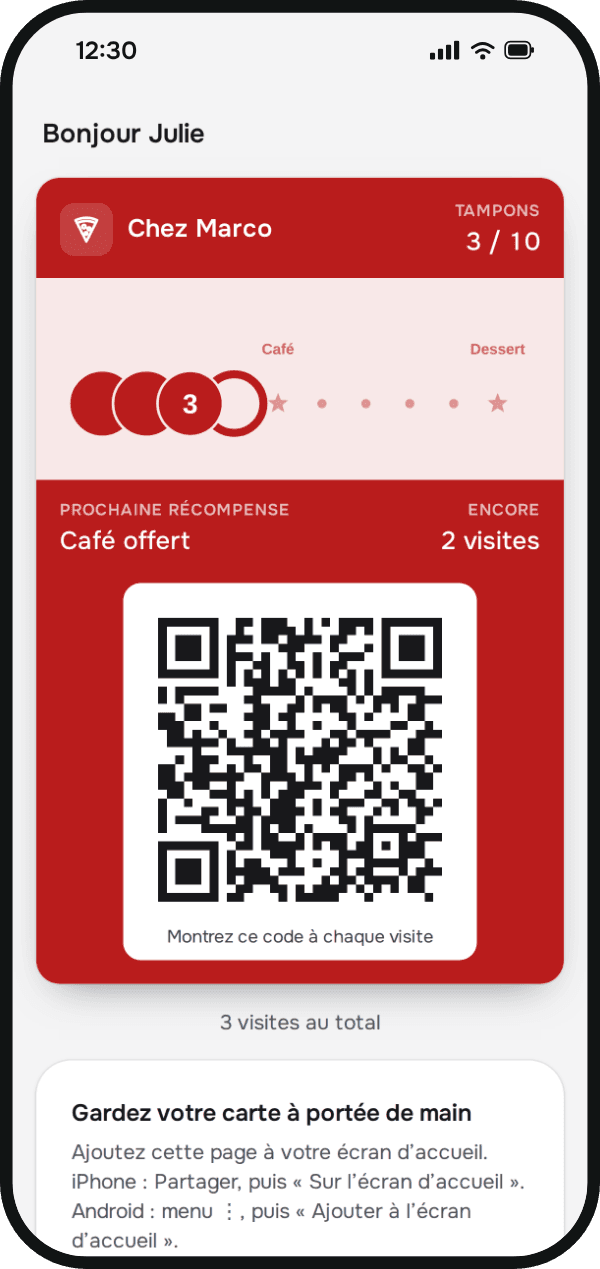 La carte de Julie sur son téléphone : Chez Marco, 3 tampons sur 10, et le QR code à montrer