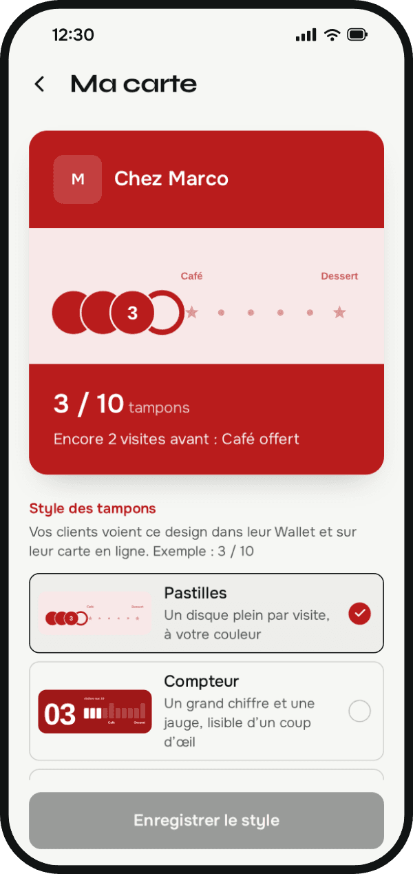 L’écran « Ma carte » : la carte Chez Marco en rouge et le choix du style des tampons