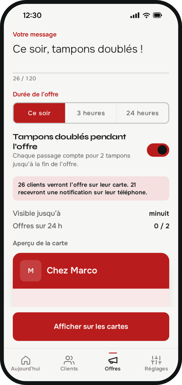 L’écran « Offre du moment » : message « Ce soir, tampons doublés ! » et le nombre de clients qui le verront