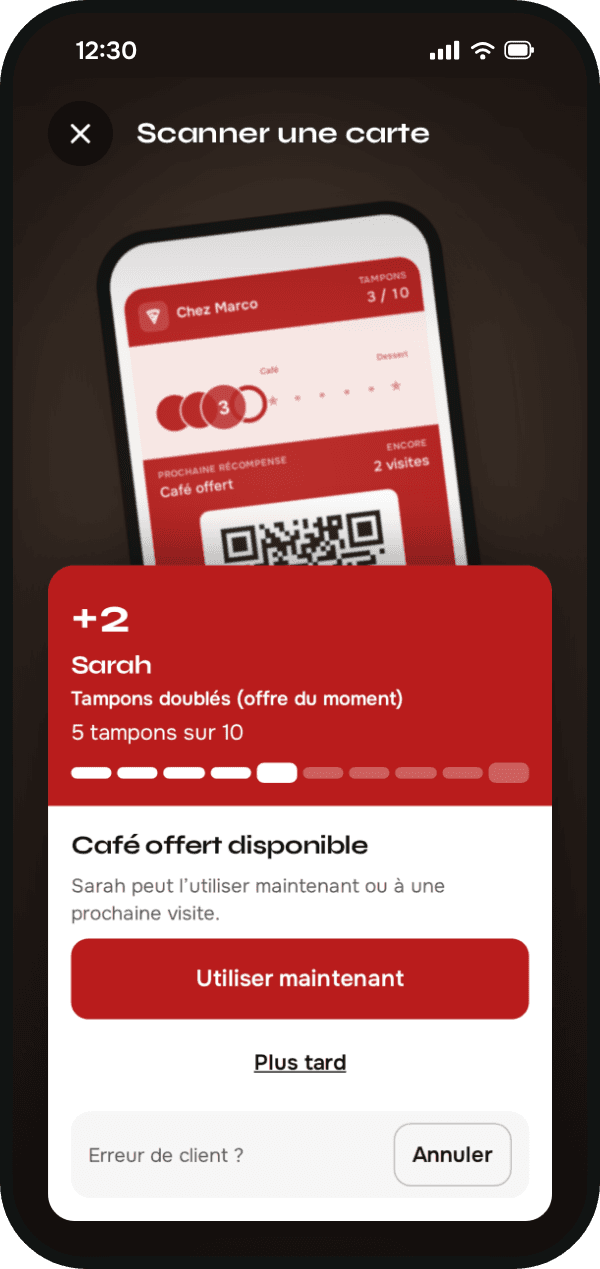 Le résultat d’un scan pendant une offre : +2 tampons pour Sarah, et le café offert à utiliser maintenant