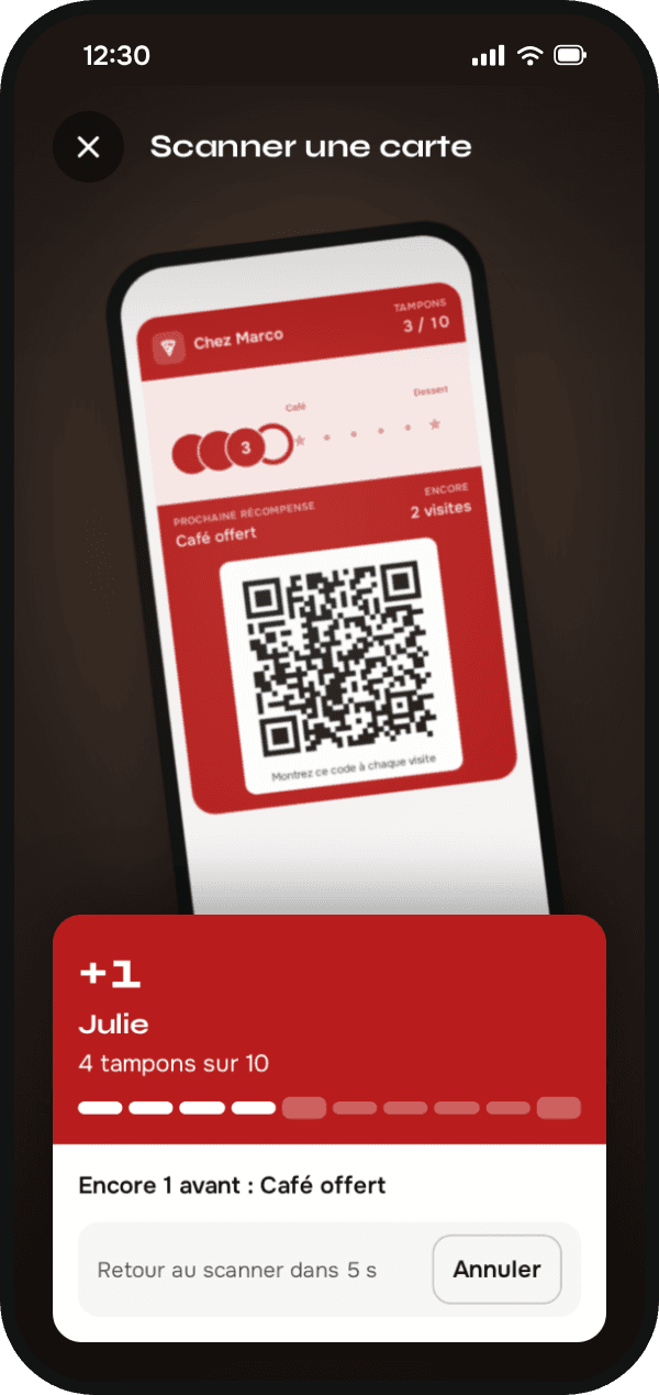 L’app enko juste après un scan : +1 tampon pour Julie, 4 tampons sur 10, avec « Annuler »